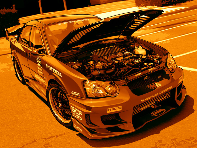 modified subaru with open hood
