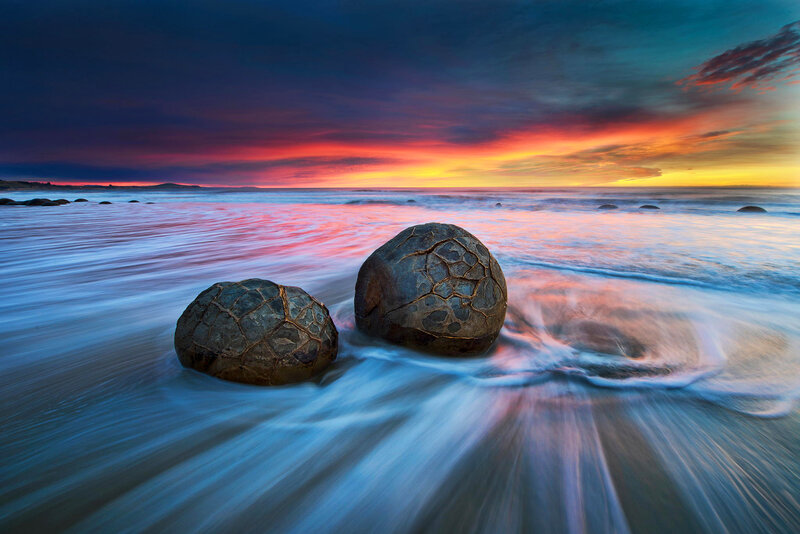 Moeraki Boulders at Sunset — Blue, Dramatic, Photograph