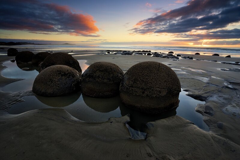 Moeraki Boulders — Blue, Dramatic, Sunset