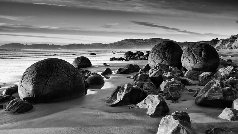 Moeraki Boulders on Beach — Black, Serene