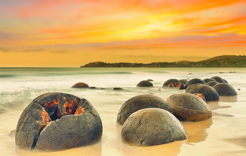 Moeraki Boulders — Orange, Serene