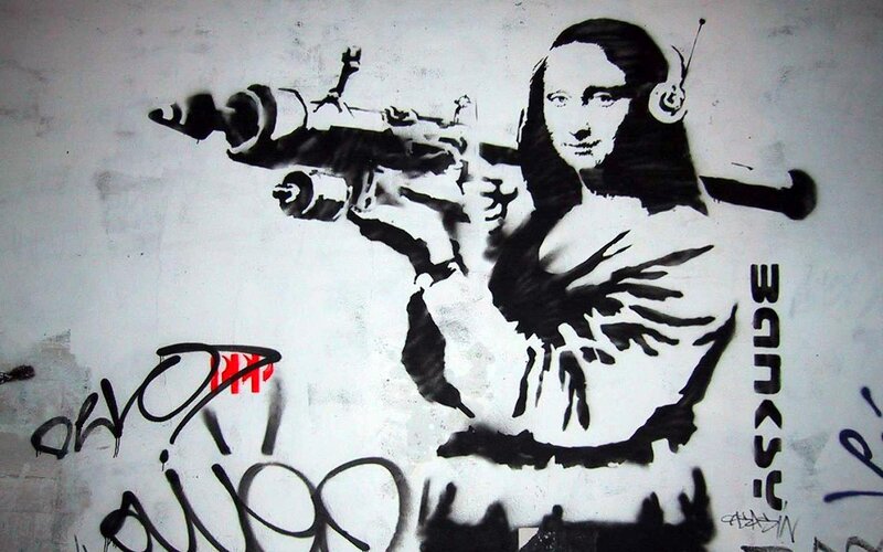 Mona Lisa with Gun — Black, Provocative, Illustration, Headphones, Graffiti, White, Red