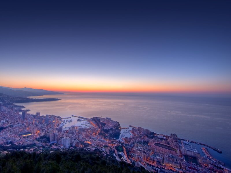 Monaco Cityscape at Dusk — Blue, Serene, Sunset, Photograph, Sea, Harbor