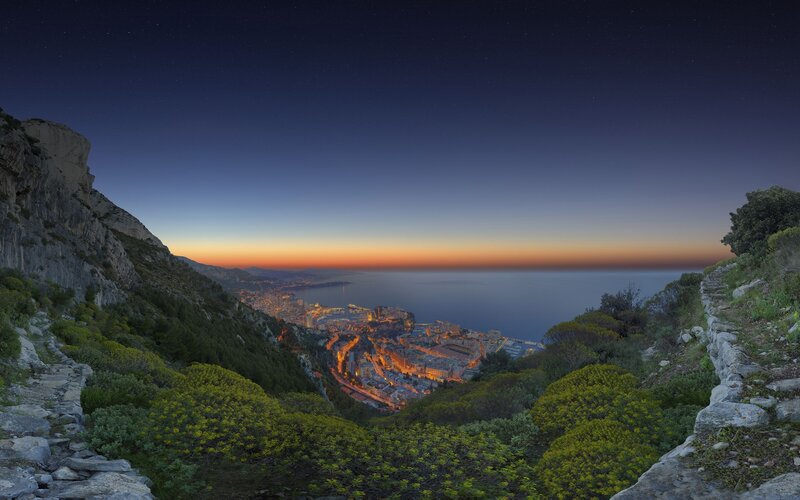Monaco Cityscape at Dusk — Blue, Serene, Sunset
