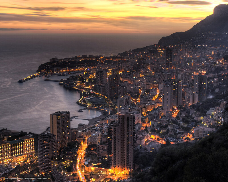 Monaco Cityscape at Dusk — Orange, Dramatic, Sunset, Photograph, Sea, Buildings
