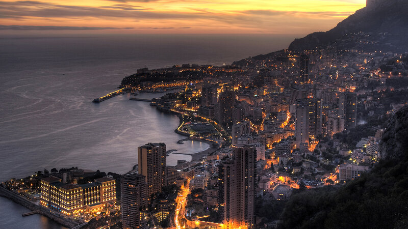 Monaco Cityscape at Dusk — Orange, Dramatic, Sunset, Photograph, Sea, Mountain, Buildings, Harbor, Black