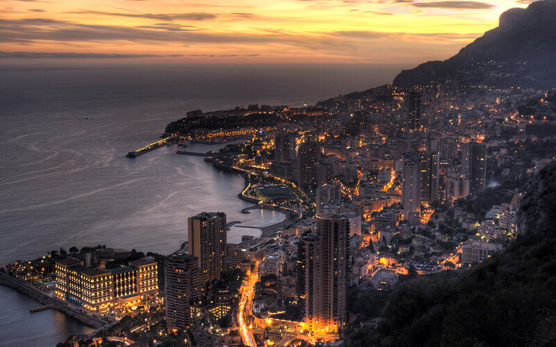 Monaco Cityscape at Dusk — Orange, Dramatic, Sunset, Photograph, Sea
