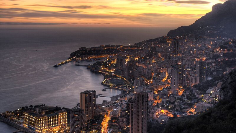 Monaco Cityscape at Dusk — Orange, Dramatic, Sunset, Photograph