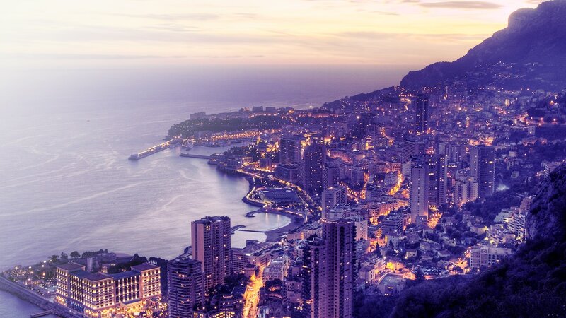 Monaco Cityscape at Dusk — Purple, Serene, Sunset