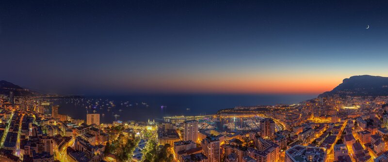 Monaco Cityscape at Night — Blue, Serene, Photograph