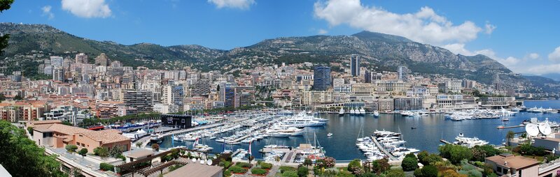 Monaco Harbor and City — Blue, Serene, Afternoon, Photograph, Mountains, Yachts, Buildings
