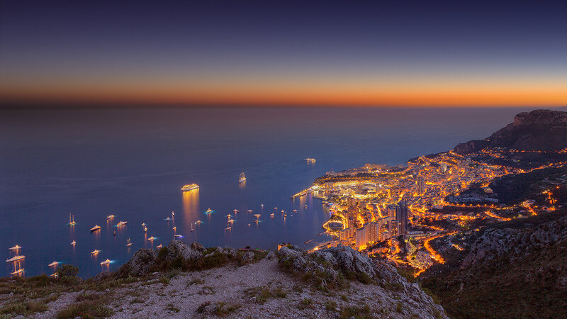 Monaco Harbor at Dusk — Blue, Serene, Night, Photograph, Boats