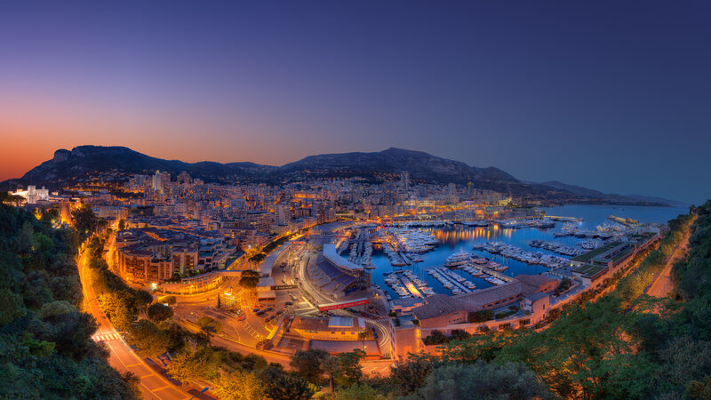 Monaco Harbor at Dusk — Blue, Serene, Night, Photograph
