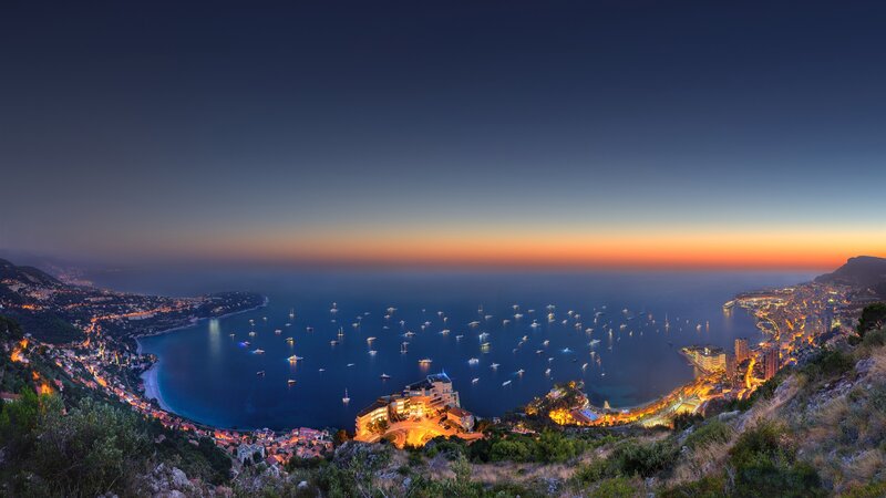 Monaco Harbor at Dusk — Blue, Serene, Sunset, Photograph, Boats