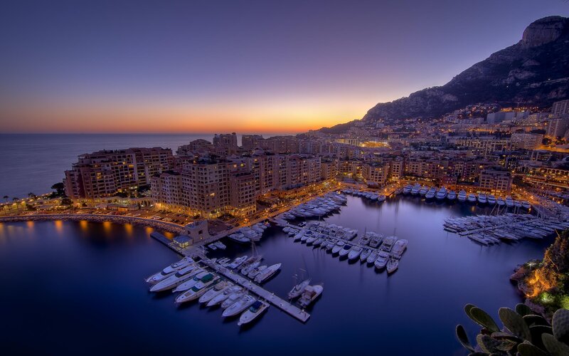 Monaco Harbor at Dusk — Blue, Serene, Sunset, Photograph, Buildings, Boats