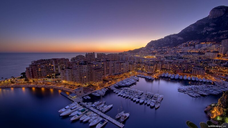Monaco Harbor at Dusk — Blue, Serene, Sunset, Photograph, Buildings, Yachts