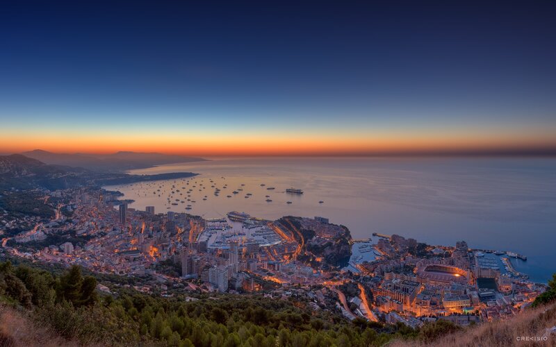 Monaco Harbor at Dusk — Blue, Serene, Sunset, Photograph, City