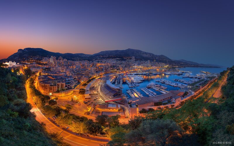 Monaco Harbor at Dusk — Blue, Serene, Sunset, Photograph, Cityscape, Marina