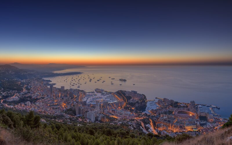 Monaco Harbor at Dusk — Blue, Serene, Sunset, Photograph, Cityscape, Sea, Mountains
