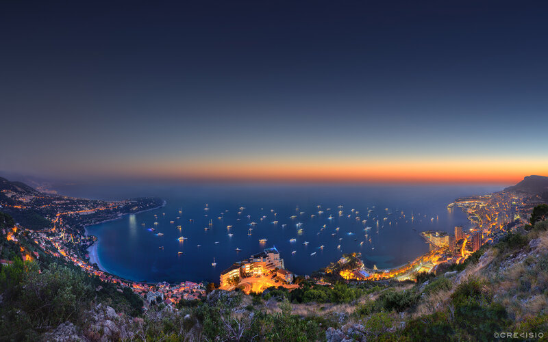 Monaco Harbor at Dusk — Blue, Serene, Sunset, Photograph