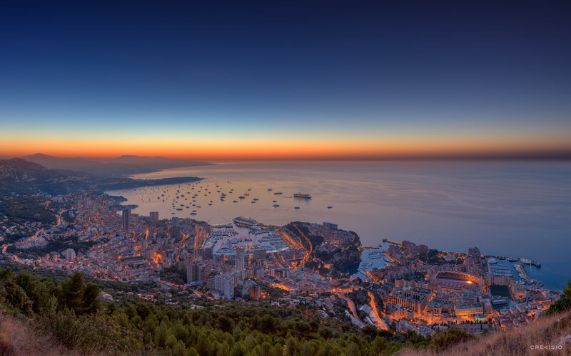 Monaco Harbor at Dusk — Blue, Serene, Sunset