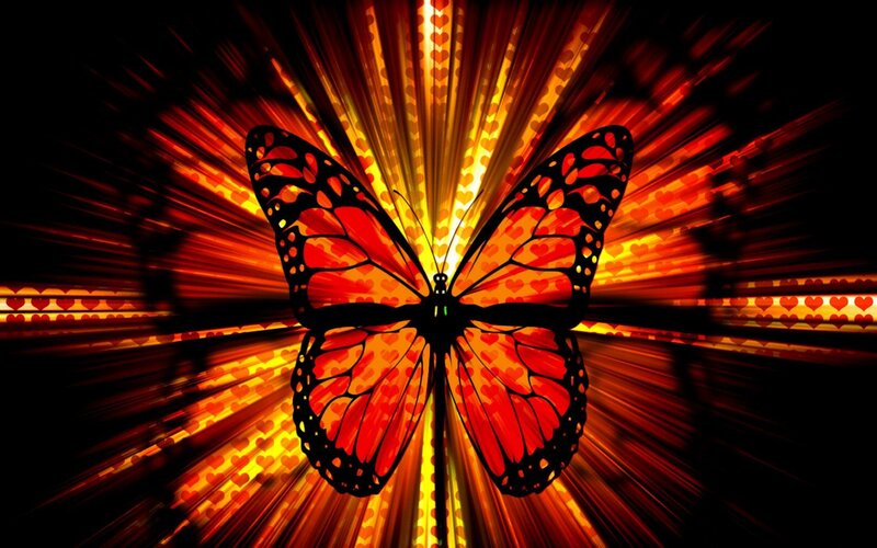 Monarch Butterfly — Red, Dramatic, Digital Art, Heart Pattern, Light Rays