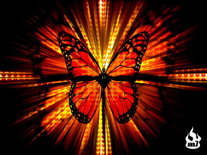 Monarch Butterfly — Red, Dramatic, Digital Art, Heart Pattern, Radiant Light