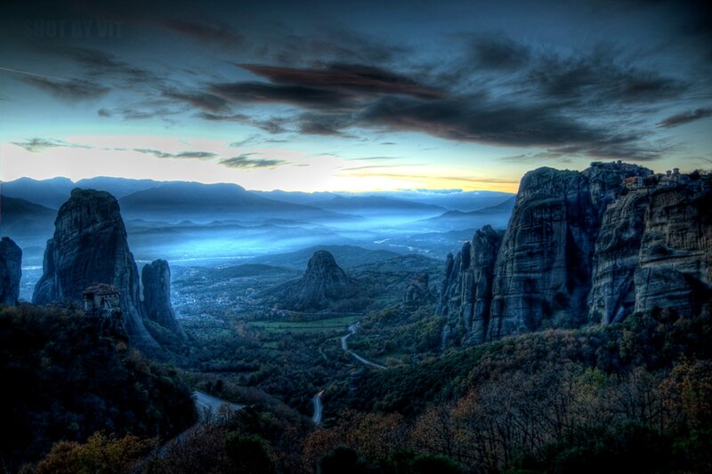 Monasteries on Rock Pillars — Blue, Dramatic