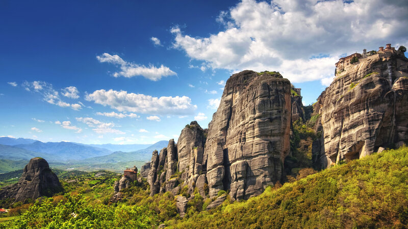 Monasteries on Rock Pillars — Blue, Serene, Afternoon