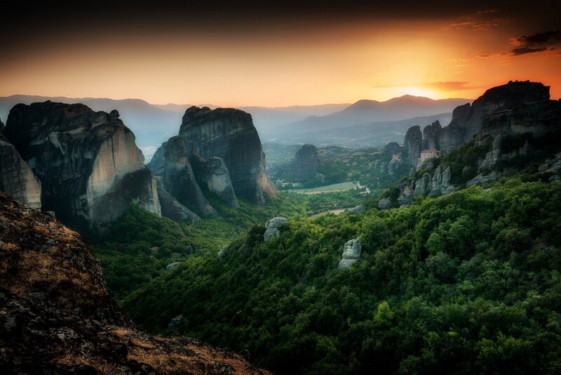 Monasteries on Rock Pillars — Green, Dramatic, Sunset