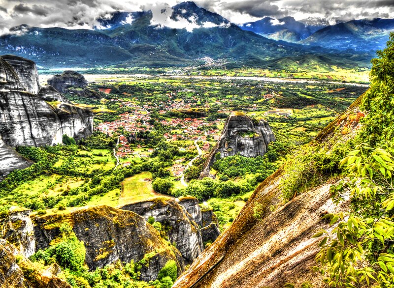 Monasteries on Rock Pillars — Green, Dramatic
