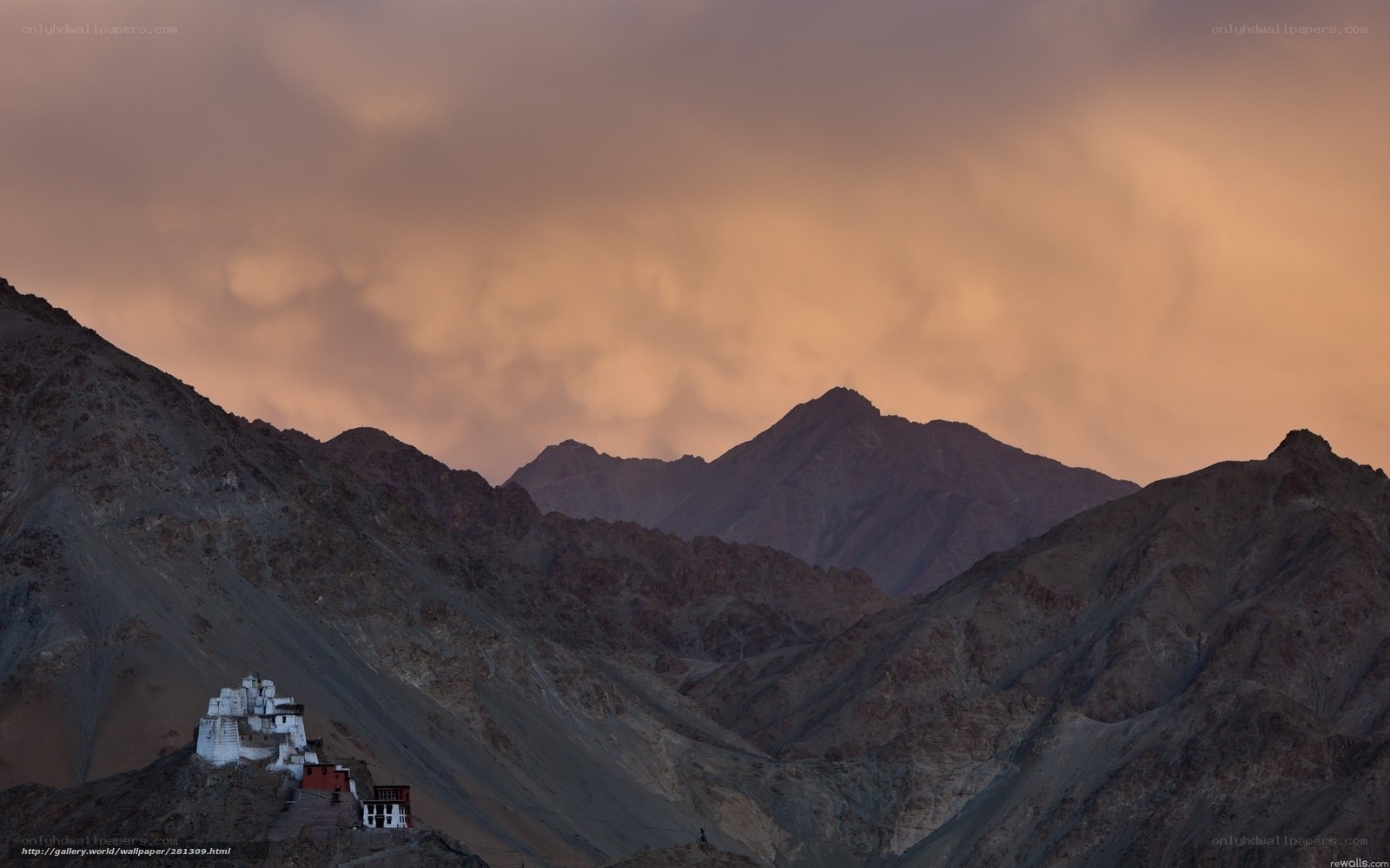 Monastery at dusk in the mountains