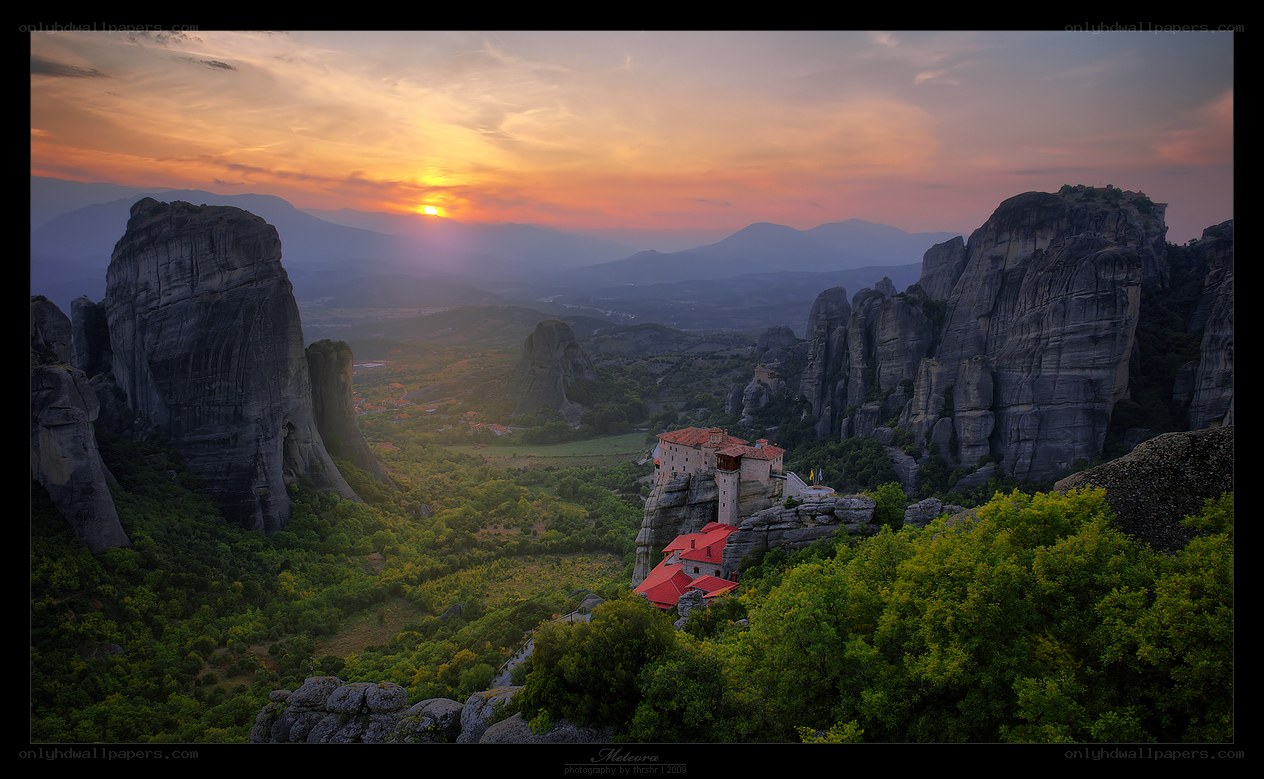 Monastery at sunset in Meteora