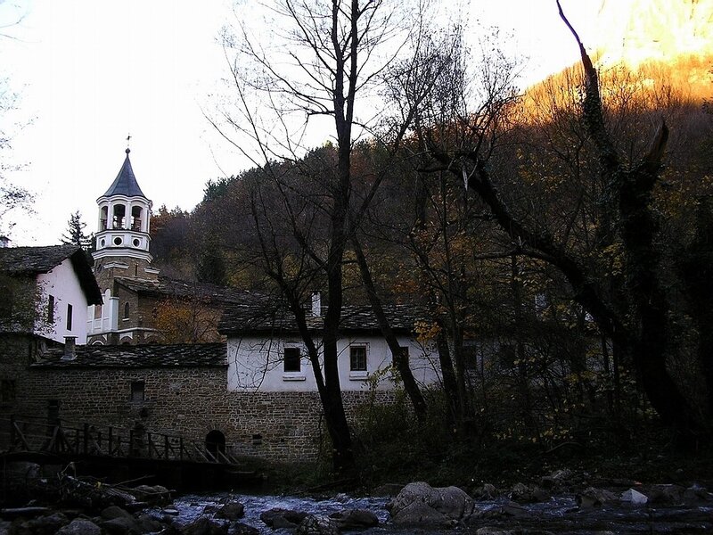 Monastery by the river at dusk