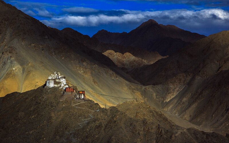 Monastery in Mountain Valley — Blue, Dramatic
