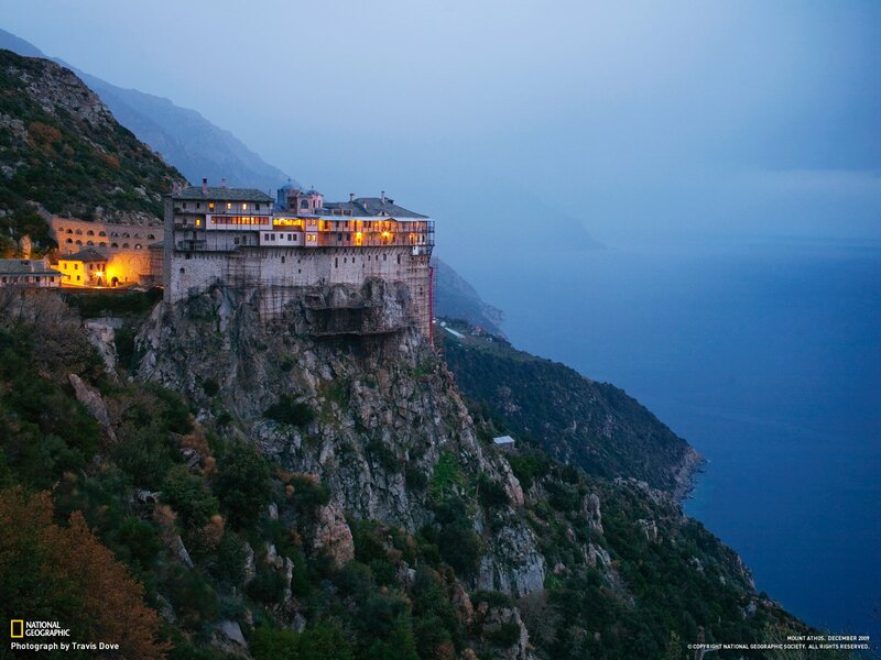 Monastery on a cliff at dusk