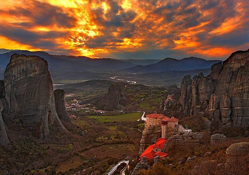 Monastery on a rock at sunset