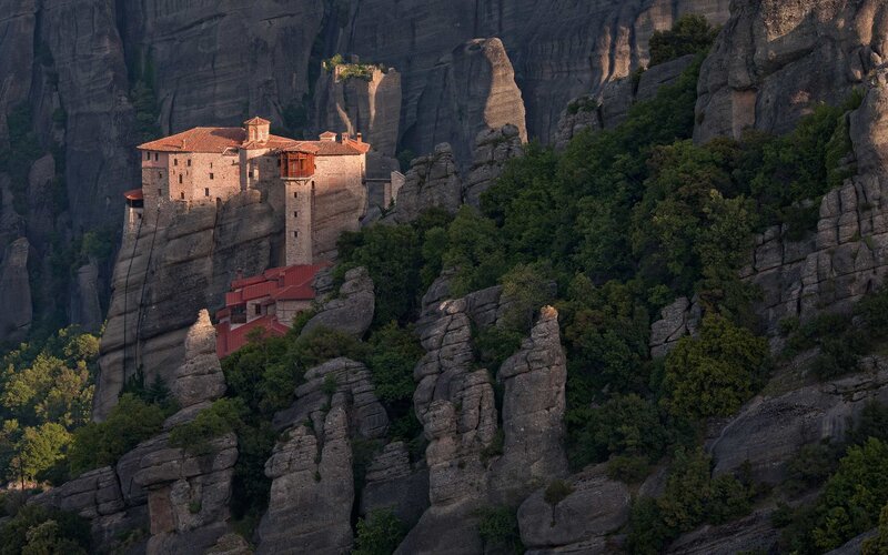 Monastery on Rock Cliff — Gray, Dramatic, Sunset