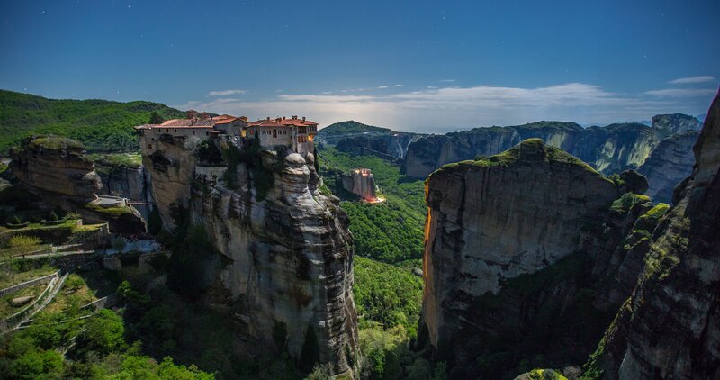 Monastery on Rock Cliff — Green, Serene, Night