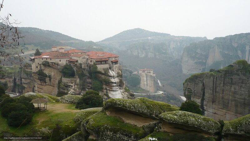 Monastery on Rock Cliff — Green, Serene, Photograph