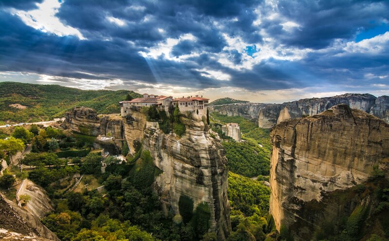 Monastery on Rock Pillar — Blue, Dramatic, Afternoon