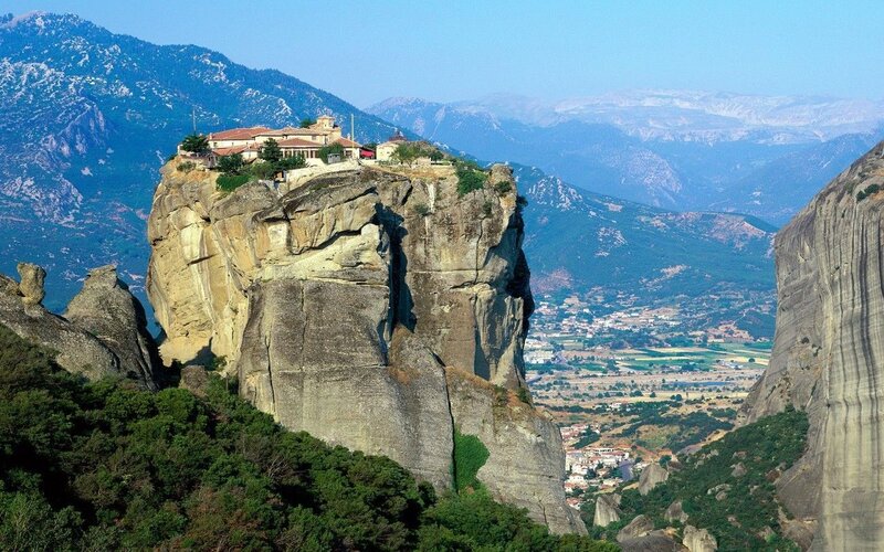 Monastery on Rock Pillar — Blue, Serene, Afternoon, Photograph, Mountains, Village