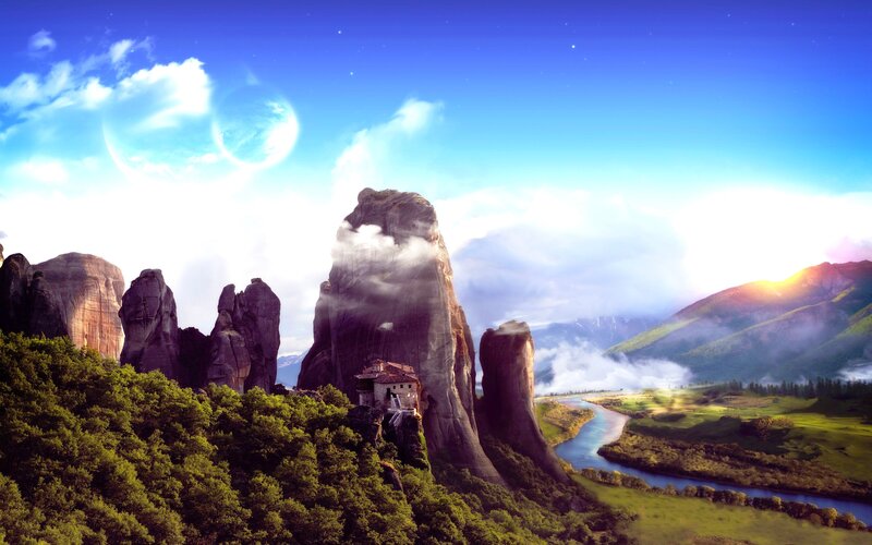 Monastery on Rock Pillar — Blue, Serene, Morning
