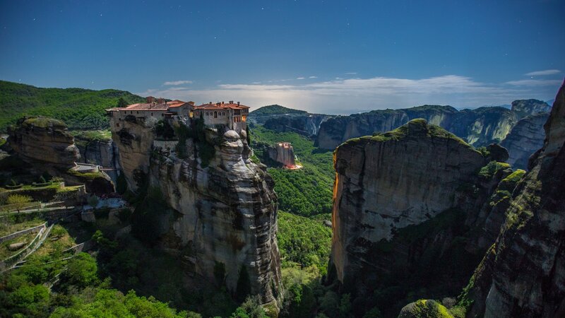 Monastery on Rock Pillar — Blue, Serene, Night