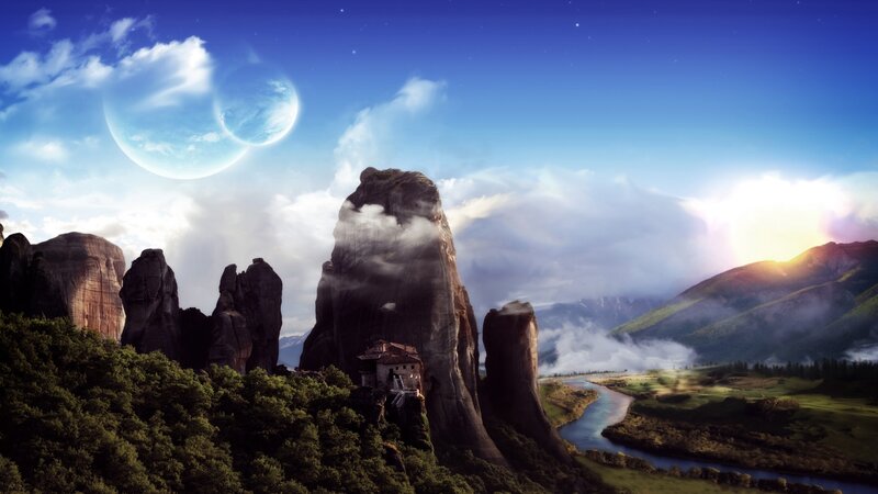 Monastery on Rock Pillar — Blue, Serene, Sunrise