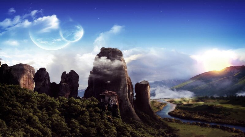 Monastery on Rock Pillar — Blue, Serene, Sunset, Digital Art