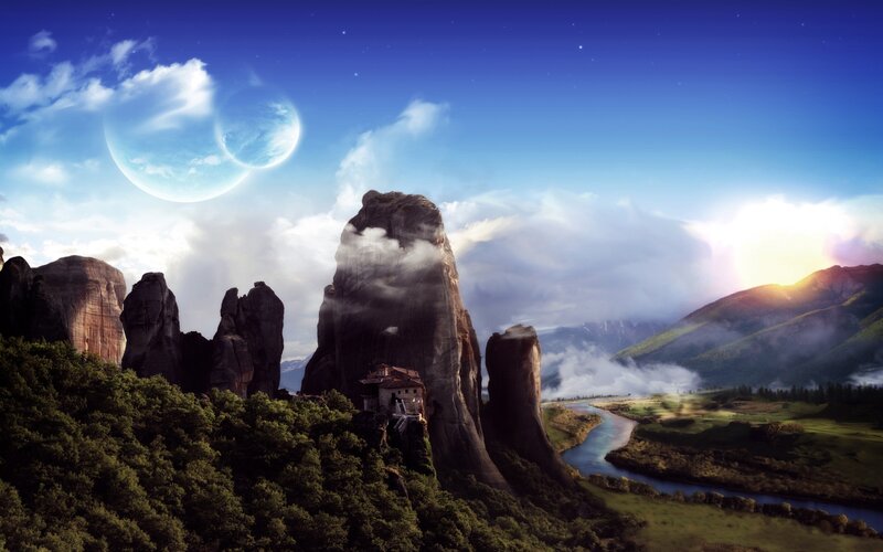 Monastery on Rock Pillar — Blue, Serene
