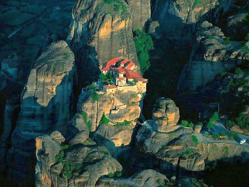 Monastery on Rock Pillar — Brown, Dramatic, Afternoon, Photograph, Rock Formations