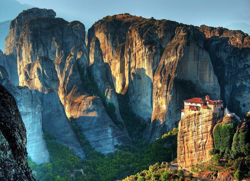 Monastery on Rock Pillar — Brown, Dramatic, Morning, Photograph, Cliff, Forest