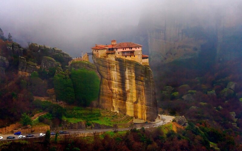 Monastery on Rock Pillar — Brown, Misty, Morning